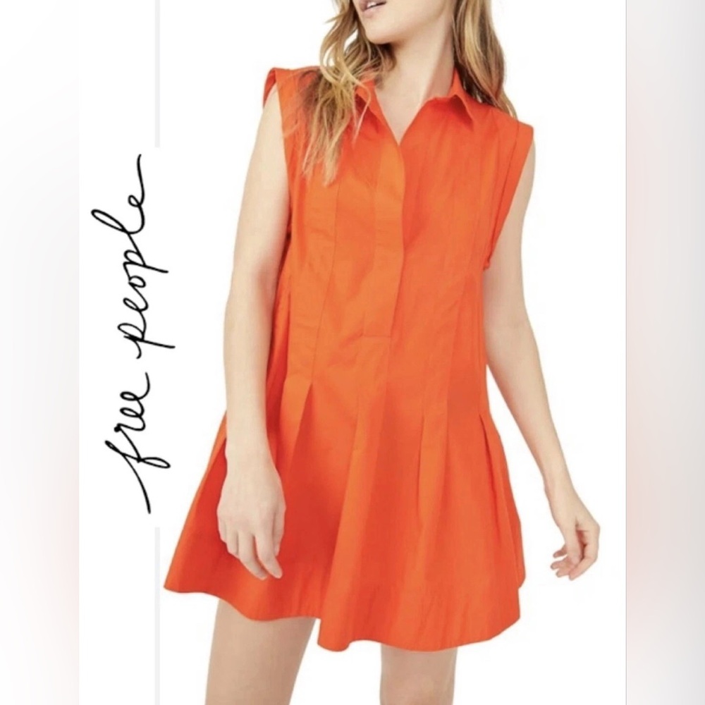 Free People Naomi Pleated Mini Dress Tangerine Orange M Worn 1X 🍊✨ Boho FP